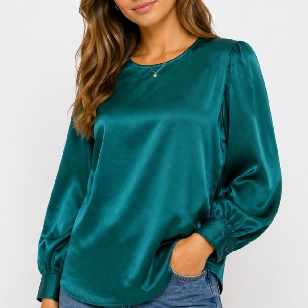 Hana Sung Green Satin Long-sleeve Blouse